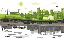 Eco-friendly city with wind turbines, reflected in polluted industrial landscape.